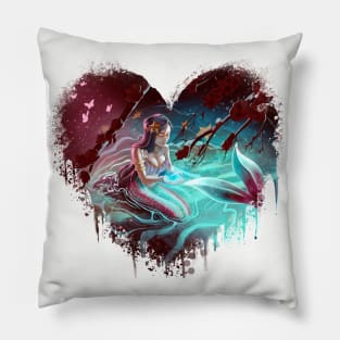 Sapphire Serenity: A Mermaid's Touch Painting (Heart) Pillow