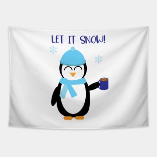 Let it Snow, Cute Winter Penguin with hot cocoa Tapestry