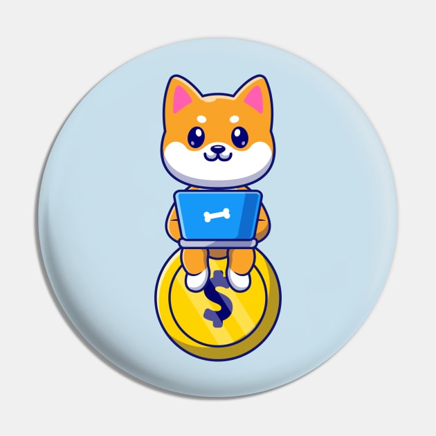 Cute Shiba Inu Dog Sitting On Gold Coin And Operating  Laptop Cartoon Pin by Catalyst Labs