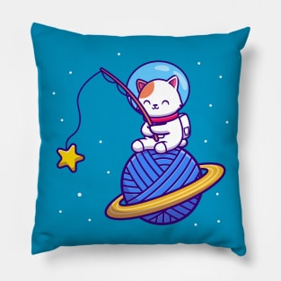 Cute Astronaut Cat Fishing Star On Yarn Wool Planet Cartoon Pillow