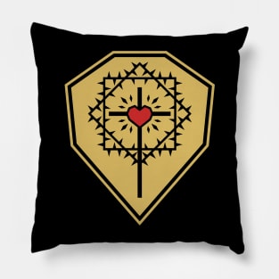 The cross of Jesus Christ with a heart framed by a crown of thorns against the background of a shield. Pillow