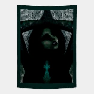 Portrait, digital collage, special processing. Beautiful but dark, like witch, woman. Tale. Dark green. Tapestry