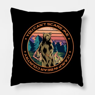 Funny camping in bear country quote graphic, outdoor hiking and exploring nature lover cartoon. Men Women Pillow