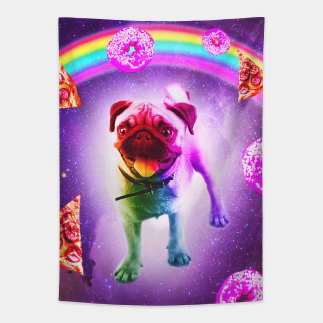 Rainbow Space Pug With Pizza And Doughnut Tapestry by Random Galaxy