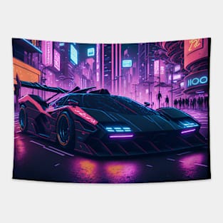 Dark Neon City Sports Car Tapestry