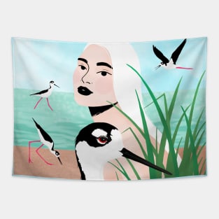 Girl on the shore with black-necked stilts Tapestry