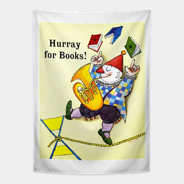 Hurray for books! Juggling clown, tightrope, & bassoon 1960 Tapestry by rocketshipretro