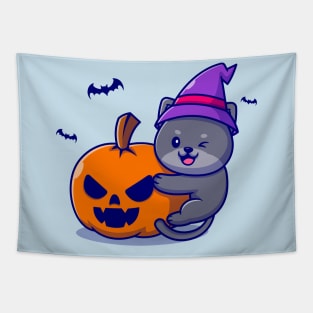 Cute Witch Cat Hug Pumpkin Halloween Cartoon Tapestry
