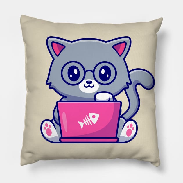 Cute Cat Working On Laptop Pillow by Catalyst Labs