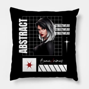 Beaux Animes Digital Art, Anime Girl Abstract Streetwear in Black and White Illustration Pillow