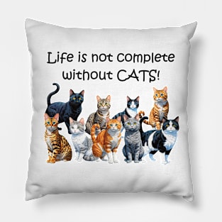 Life is not complete without cats - funny watercolour cat design, black cat, ginger cat, tabby, bengal, gray cat, lots of cats Pillow