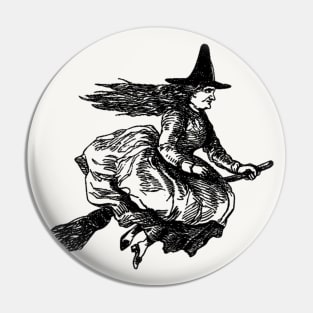 Drawing of a witch riding a broomstick Pin