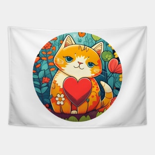 Cat Heart With Bright Eyed Orange Kitty In The Garden - Funny Cats Tapestry