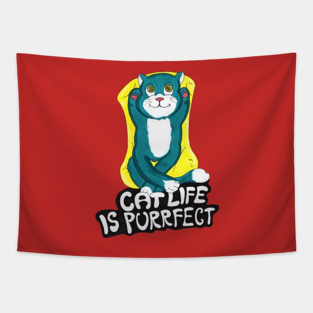 Cat Life Is Purrfect, Cute Blue Cat life is perfect Tapestry by FilMate