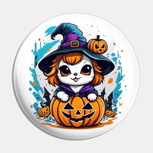 A cat in a witches hat sitting on top of a pumpkin Pin