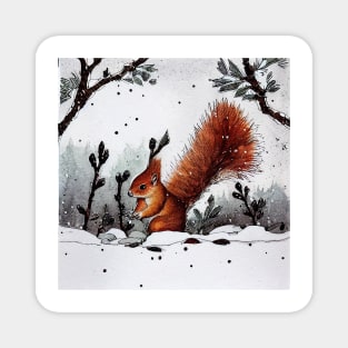 Red Squirrel in Snow Storm Magnet