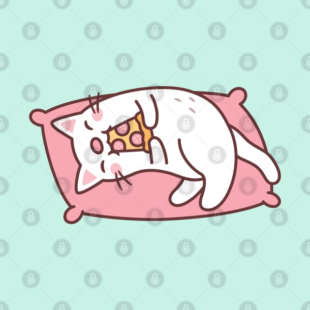 Cute White Cat Eating Pizza On Pillow by rustydoodle