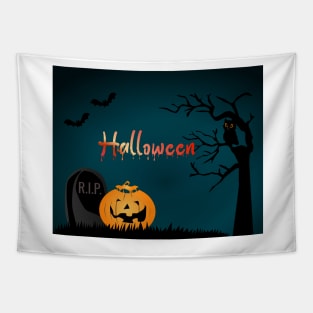 Halloween background with pumpkins, Graves, full moon, and bats stock illustration Tapestry