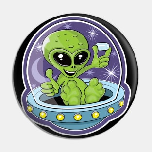 Illustration of a cute alien holding candy in a flying saucer Pin