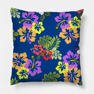 Colorful Hibiscus Flowers in Blue Pillow