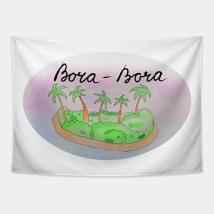 Bora-Bora Island travel, beach, sea and palm trees. Holidays and rest, summer and relaxation Tapestry