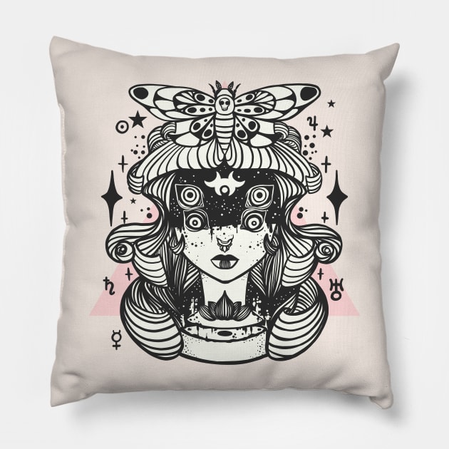 Four Eyed Witch And Moth Pillow by cellsdividing