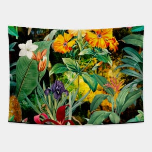 Colorful tropical floral leaves botanical illustration, tropical plants,leaves and flowers, black yellow leaves pattern Tapestry