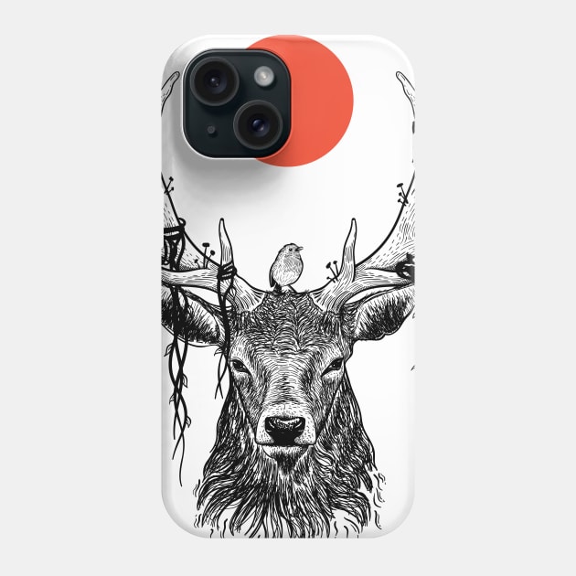 deer in wildlife with cute bird and red moon Phone Case by mituturi