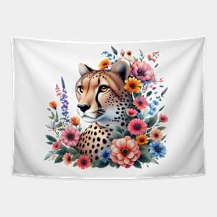 A cheetah decorated with beautiful colorful flowers. Tapestry