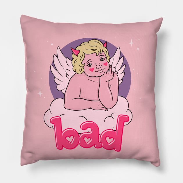 BAD CHERUB - pink Pillow by bratcave.studio