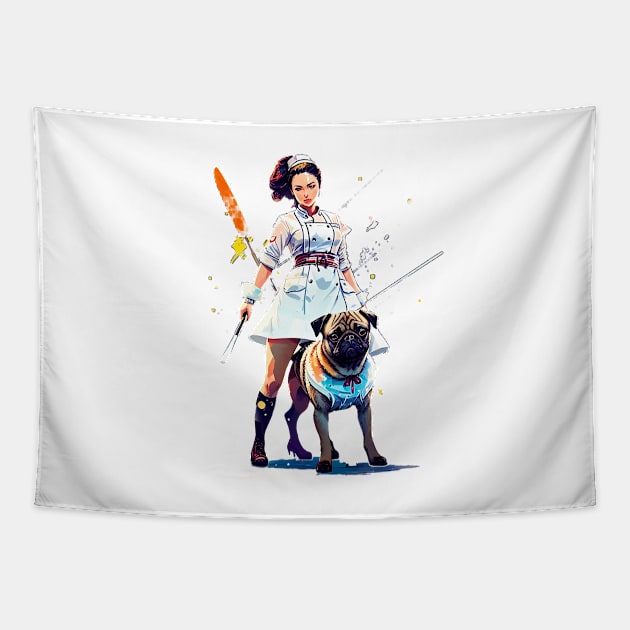 The Brave Nurse and Loyal Pug: Fighting for Justice Tapestry by fur-niche