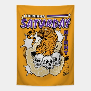 Retro Louisiana Saturday Night Manga Style Purple and Gold Tapestry