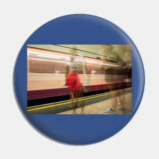 conceptual image people on underground platform as train arrives in motion blur. Pin