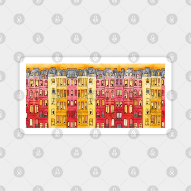 The Cats Sunset Townhouses Magnet by KilkennyCat Art