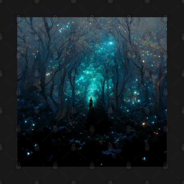 Black hooded witch in a forest with magical blue stars in the sky by Riverside-Moon