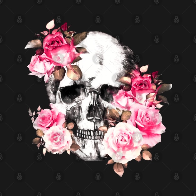 Floral skull for gothic girl, Floral Skull with pink roses, watercolor style, botanical anatomy by Collagedream