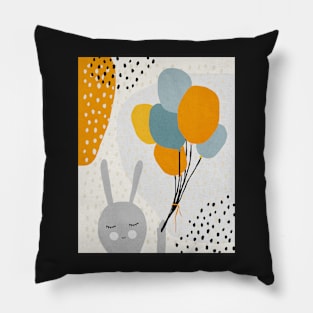 Rabbit, Balloons, Bunny, Abstract, Mid century modern kids wall art, Nursery room Pillow