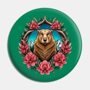 Olympic Marmot Surrounded By A Wreath Of Rhododendron Tattoo Style Art Pin