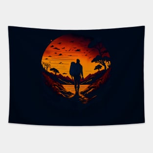 Make Adventure Hiking and Camping in Forest, Lake and Sunset Tapestry