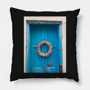 Blue Door and Wreath Pillow