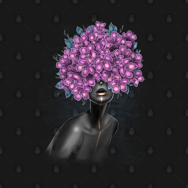 Black and white girl with color beautiful flowers in her head. by Olena Tyshchenko