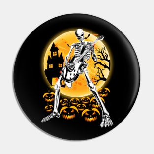 Happy Halloween Funny Skeleton Playing Guitar Pumpkin Pin