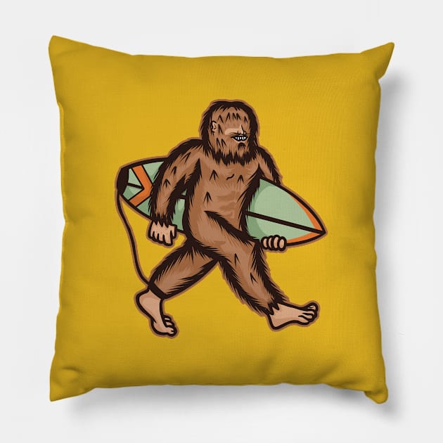 Sasquatch Bigfoot Walking in the Beach with a Surfboard | Summer Vibes Pillow by Malinda