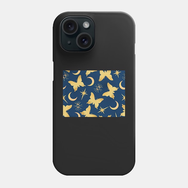 Gold Stamped Butterflies and Sunbursts on Blue Phone Case by FrostedSoSweet