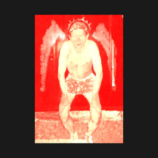 Portrait. Digital collage, special processing. Man in briefs, looking. Angel. Red, yellow, very bright. T-Shirt