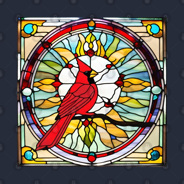 Cardinal Bursting Sun Stained Glass by Xie