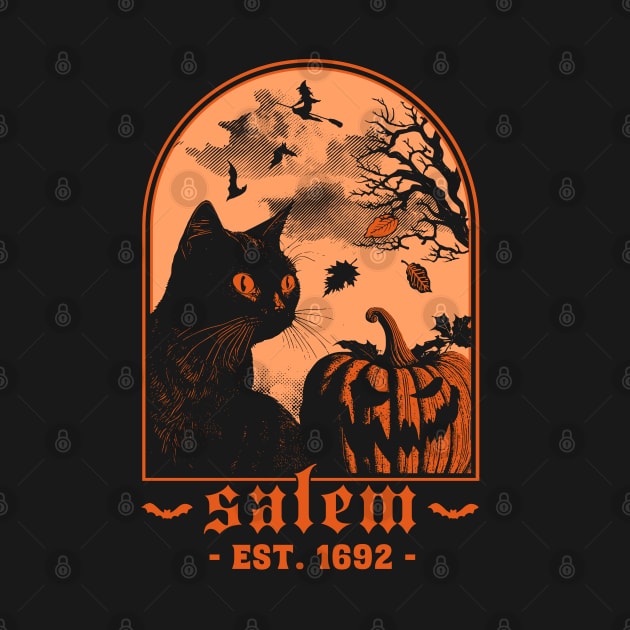 Salem 1692 - Black Cat Pumpkin - Retro Vintage Halloween by OrangeMonkeyArt