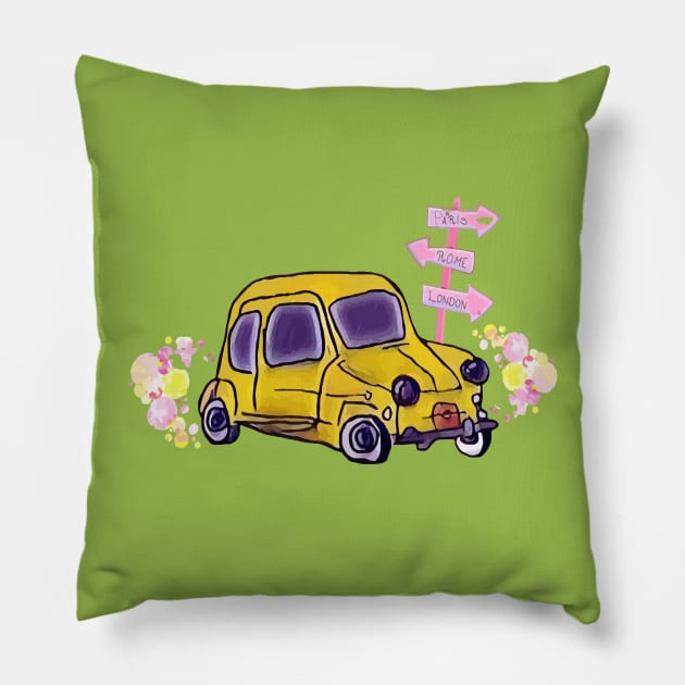 Cartoon Car (Fiat 600) Pillow by RetroTjoshak