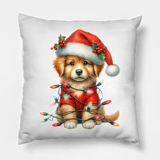 Dog Wrapped In Christmas Lights Pillow