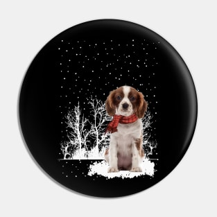 Cavalier King Charles Spaniel With Scarf In Winter Forest Pin